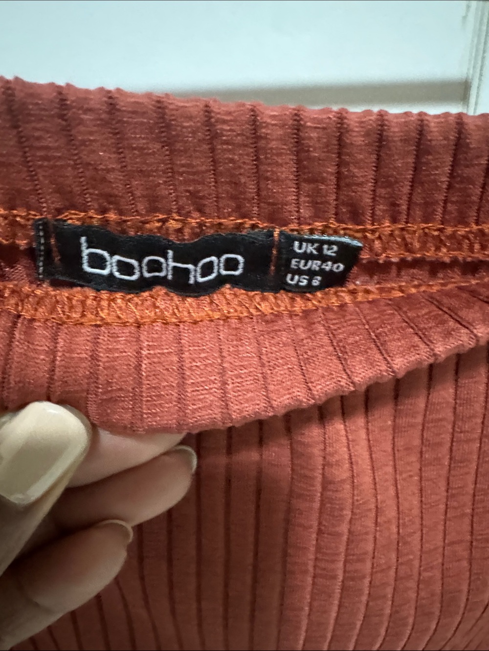 Boohoo Ribbed Off-Shoulder Two-Piece Skirt Set - Rust - Picture 4 of 6